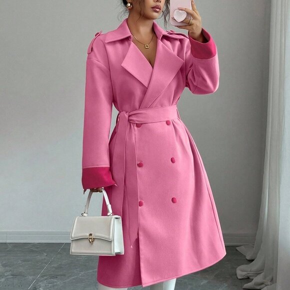 Pink Chic Women's Double breasted Midi trench Overcoat - Picture 1 of 8
